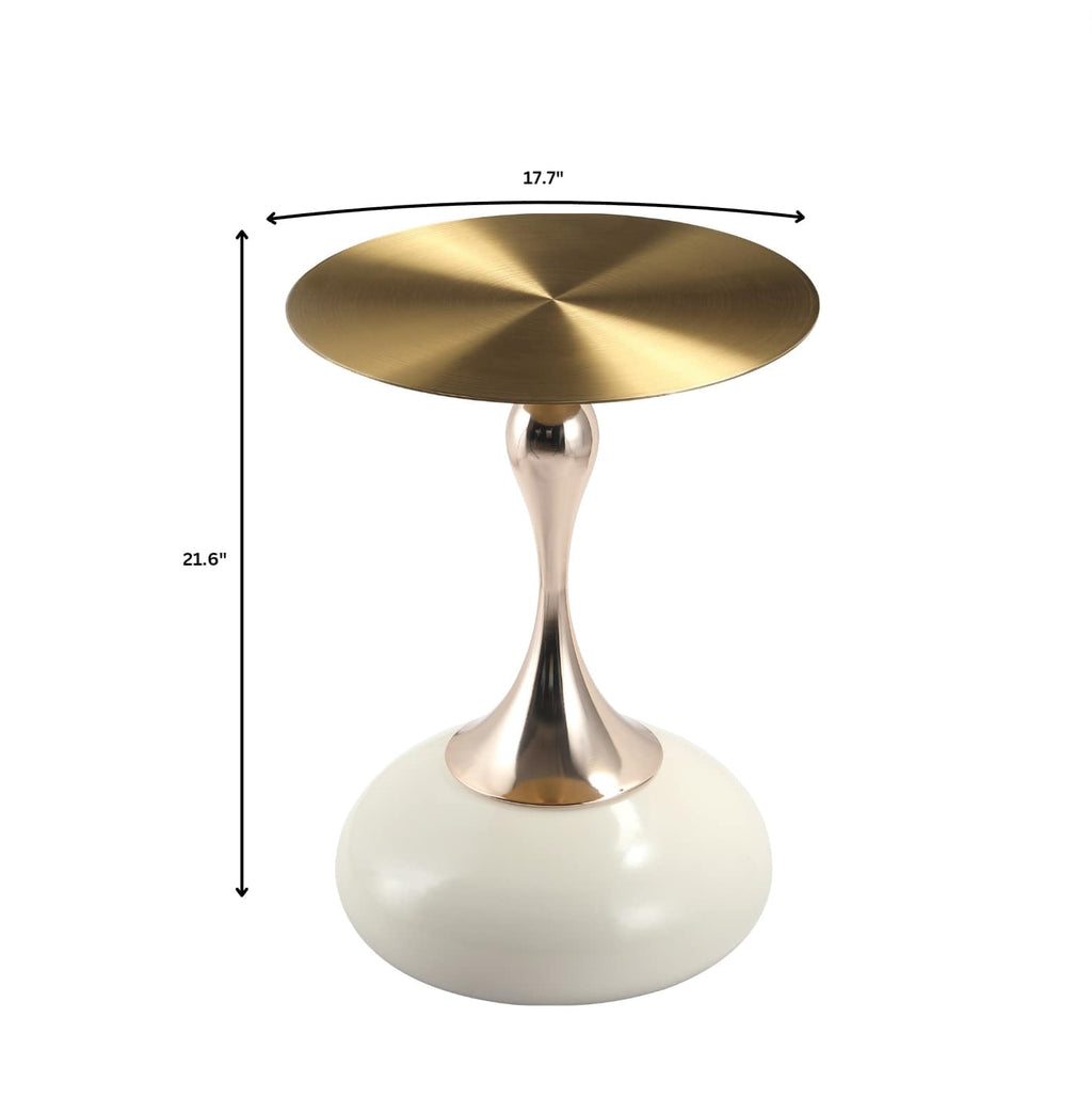 Modern Round Side Table with Gold Stainless Steel Top, Gold Pedestal Stem & Glossy Base, Accent End Table for Living Room, Bedroom, or Small Spaces, 17.7" × 21.6", White
