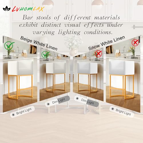 Modern Counter Height Bar Stools,Bar Stools Set of 4,Fabric Upholstered Barrel Barstools with Backs,26'' Kitchen Island Chairs,Metal Gold Frames,Off White Linen