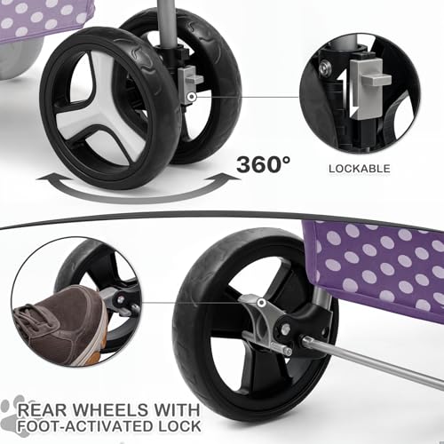 3 Wheels Pet Dog Cat Stroller for Small Medium Dogs Cats, Foldable Jogger Stroller w/Storage Basket and Cup Holder, Purple Polka Dots