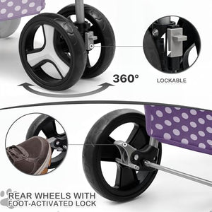 3 Wheels Pet Dog Cat Stroller for Small Medium Dogs Cats, Foldable Jogger Stroller w/Storage Basket and Cup Holder, Purple Polka Dots