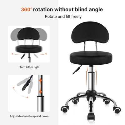 Rolling Stool with Mid Back Height Adjustable Chair PU Leather Swivel Chair with Wheels for Office Home Task Drafting (Black)