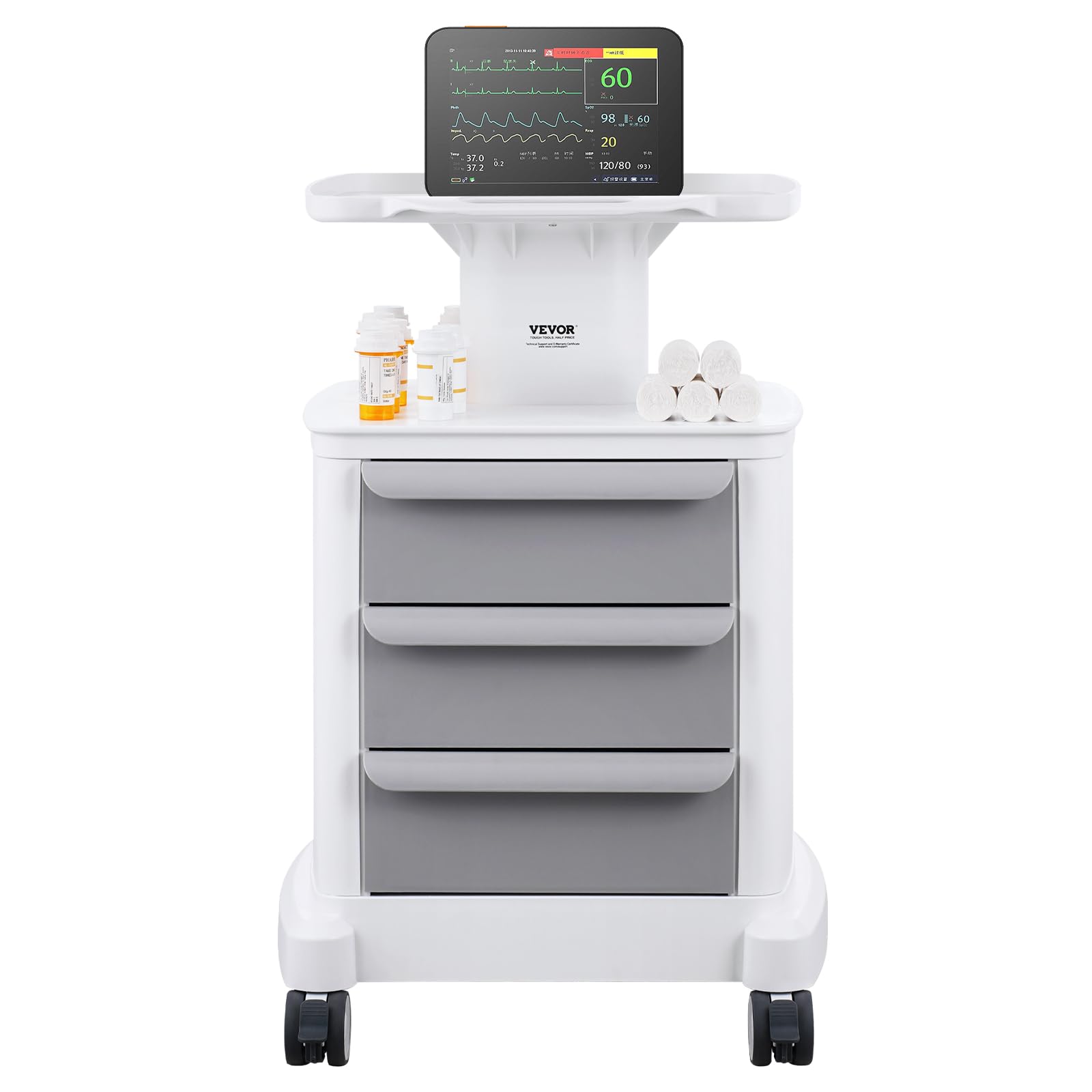 4 Tiers Lab Carts, Lab Utility Cart with 3 Drawers & 1 Top Tray, Mobile Medical Cart with ABS Material, Lab Rolling Cart with 4 Silent Wheels for Lab, Clinic, Hospital, Salon, White