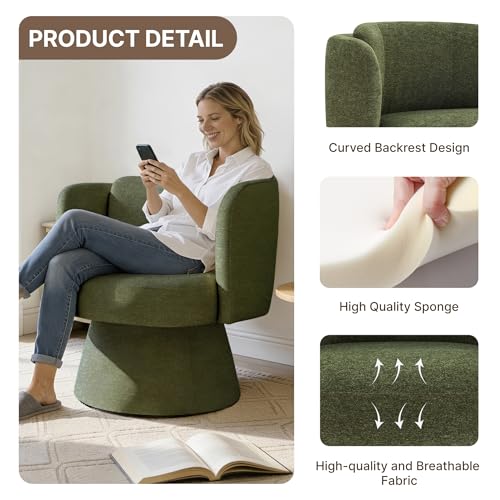 Swivel Barrel Chair,360° Accent Chairs with Round Backrest,Upholstered Lounge Chair for Vanity,Living Room,Bedroom,Reading Nook,Green