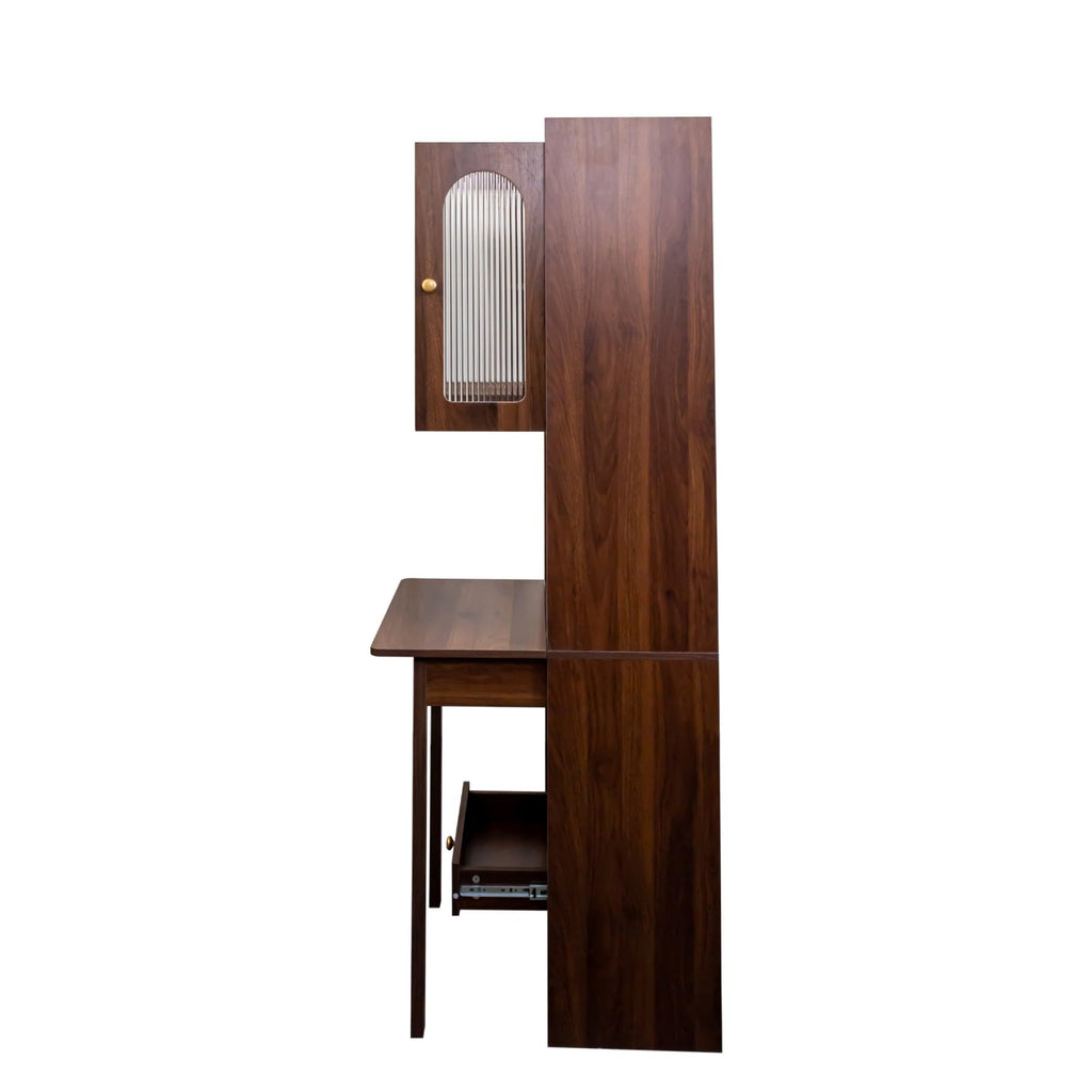 Fold-Out Home Office Desks Writing Table with Glass Doors, Drawers, Bookshelf & Storage Shelves, Modern Wooden Convertible Workstation for Work, Study