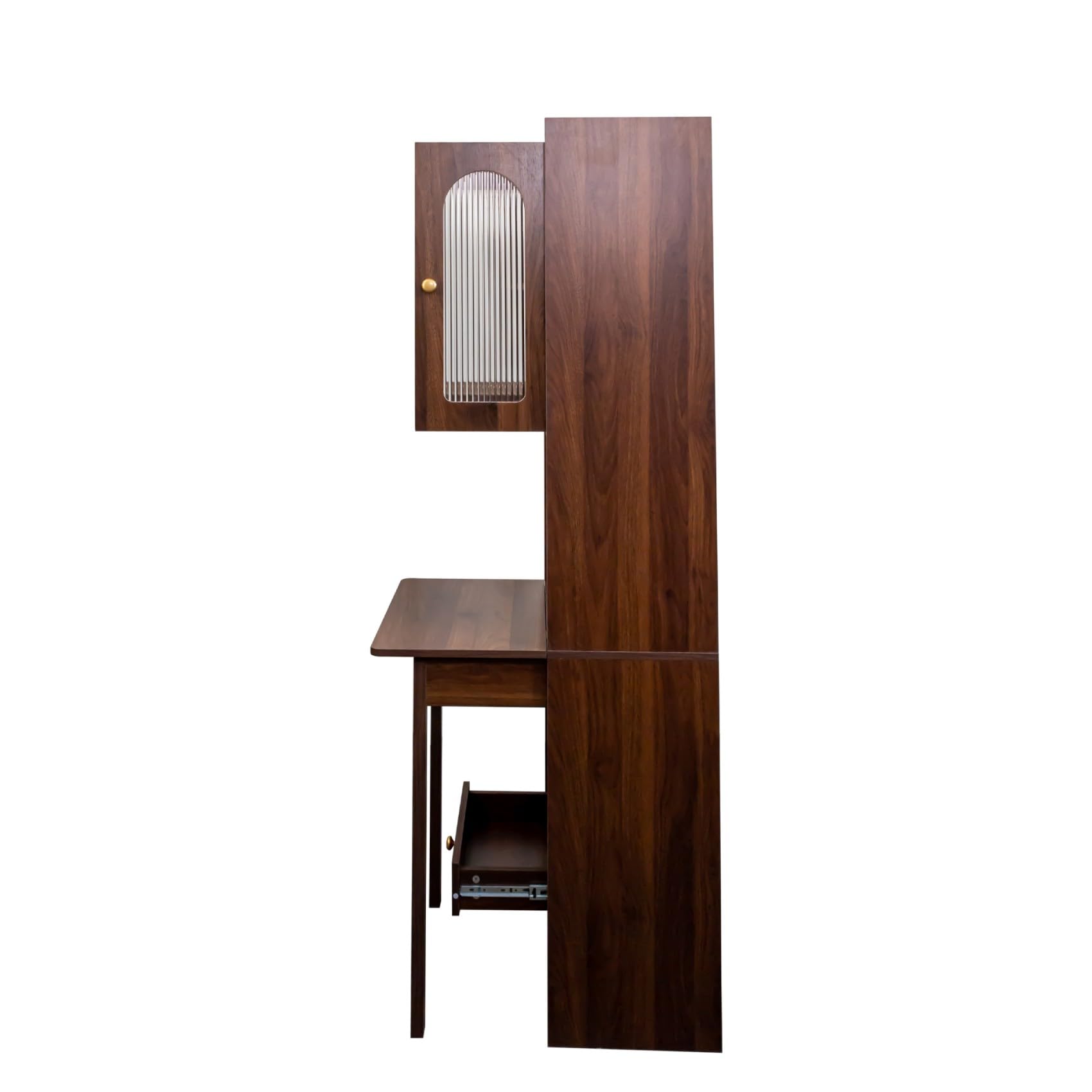 Fold-Out Home Office Desks Writing Table with Glass Doors, Drawers, Bookshelf & Storage Shelves, Modern Wooden Convertible Workstation for Work, Study