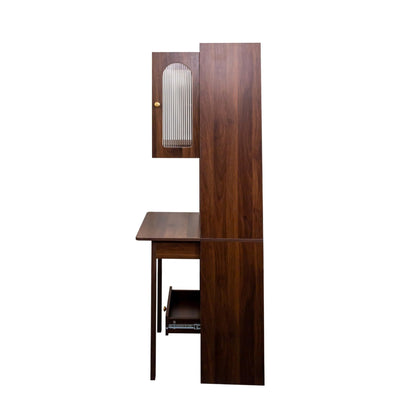 Fold-Out Home Office Desks Writing Table with Glass Doors, Drawers, Bookshelf & Storage Shelves, Modern Wooden Convertible Workstation for Work, Study