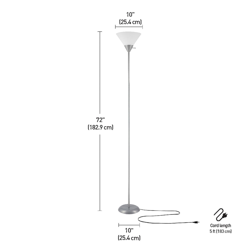 72" Floor Lamp, Silver, White Plastic Shade, On/Off Rotary Switch on Shade, Standing, Living Room Decor, Bedroom, Tall, Corner Light