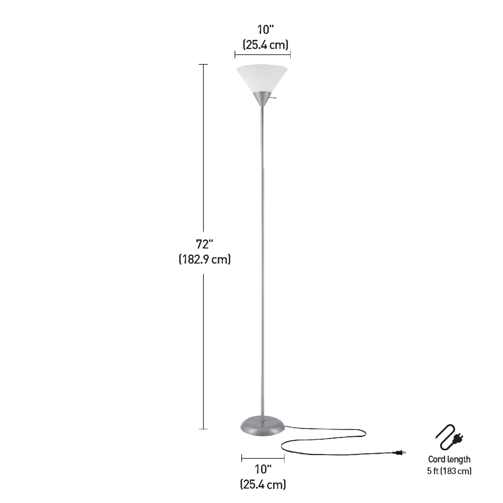 72" Floor Lamp, Silver, White Plastic Shade, On/Off Rotary Switch on Shade, Standing, Living Room Decor, Bedroom, Tall, Corner Light