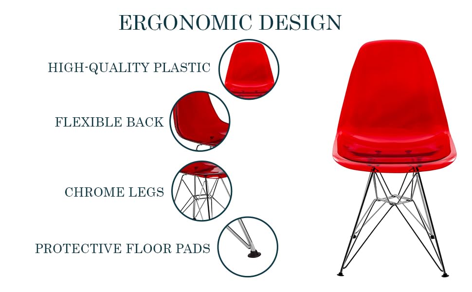 Dining, Modern Chrome Eiffel Base and Curved Back Design, Ergonomic and Lightweight Accent Side Chair for Mid-Century Home, Kitchen, and Café (Transparent Red, Singles)