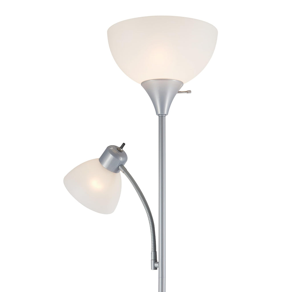 72" Torchiere Floor Lamp and Adjustable Reading Light, Silver, Frosted Shade, Dual Rotary Switch, 3-Step Dimming, Modern Lighting for Living Room or Office, Timeless