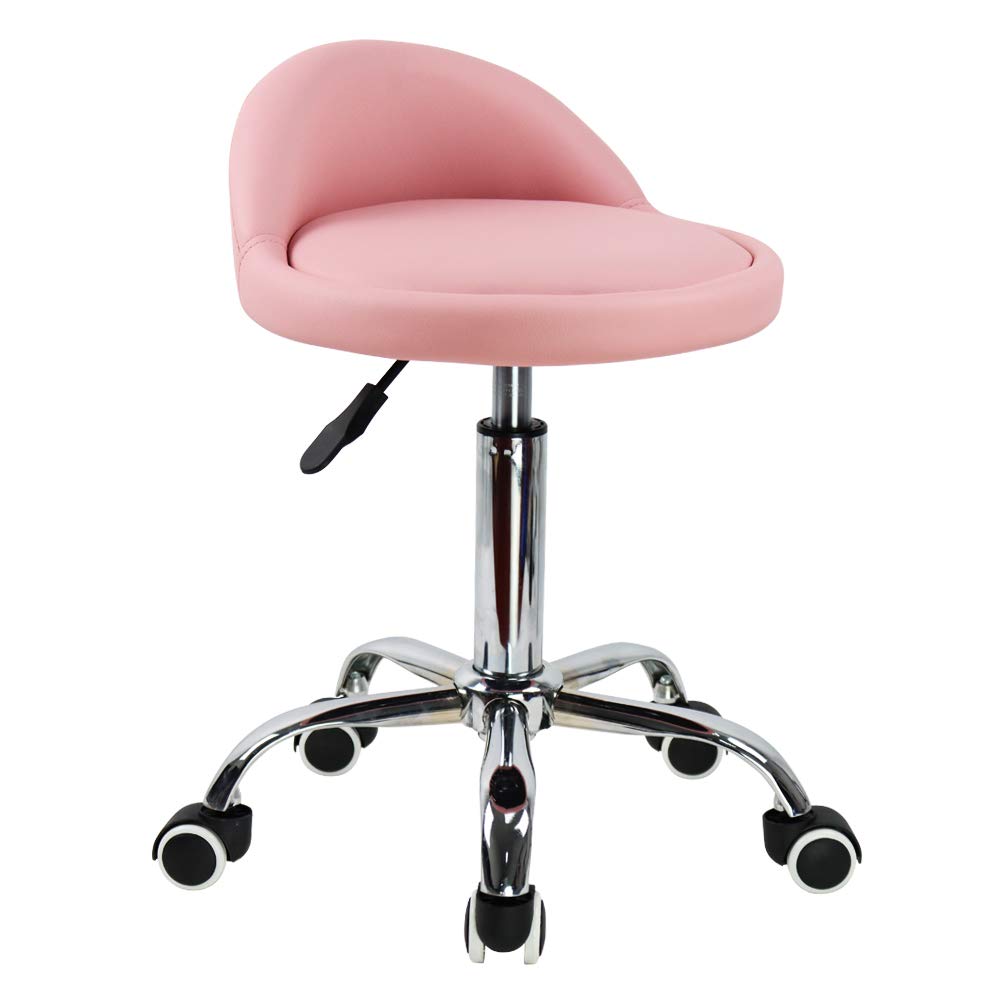 PU Leather Round Rolling Stool with Back Rest Height Adjustable Swivel Drafting Work SPA Task Chair with Wheels Pink