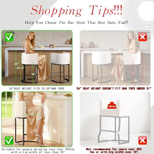 24" Modern Counter Height Bar Stools,PU Leather Upholstered Barrel Barstools with Backs,Island Chairs Bar Stools Set of 1,Metal Black, Beige White Leather