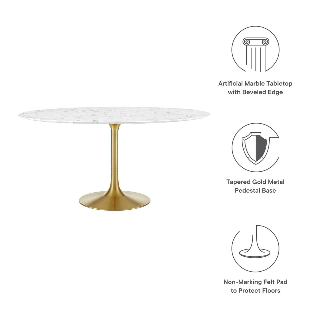 60" Mid-Century Dining Table with Round Artificial Marble Top in Gold White