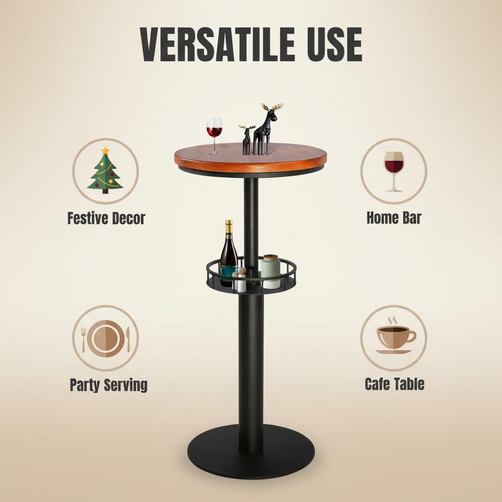 42" Tall Rustic Industrial Bar Table with Storage-19.68" Dia Round Wooden Top Metal Bar Height Adjustable Standing Pub Table-Dining Room Cocktail Bistro Table