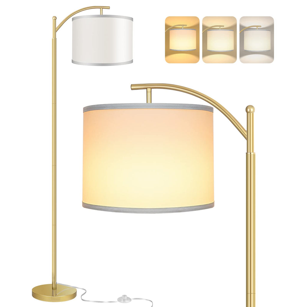 Floor Lamp for Living Room, LED Standing Lamp with 2 Lamp Shades Tall Industrial Floor Lamp Reading for Bedroom, Office, Study Room (9W LED Bulb, Beige & White Shades Included) -Gold