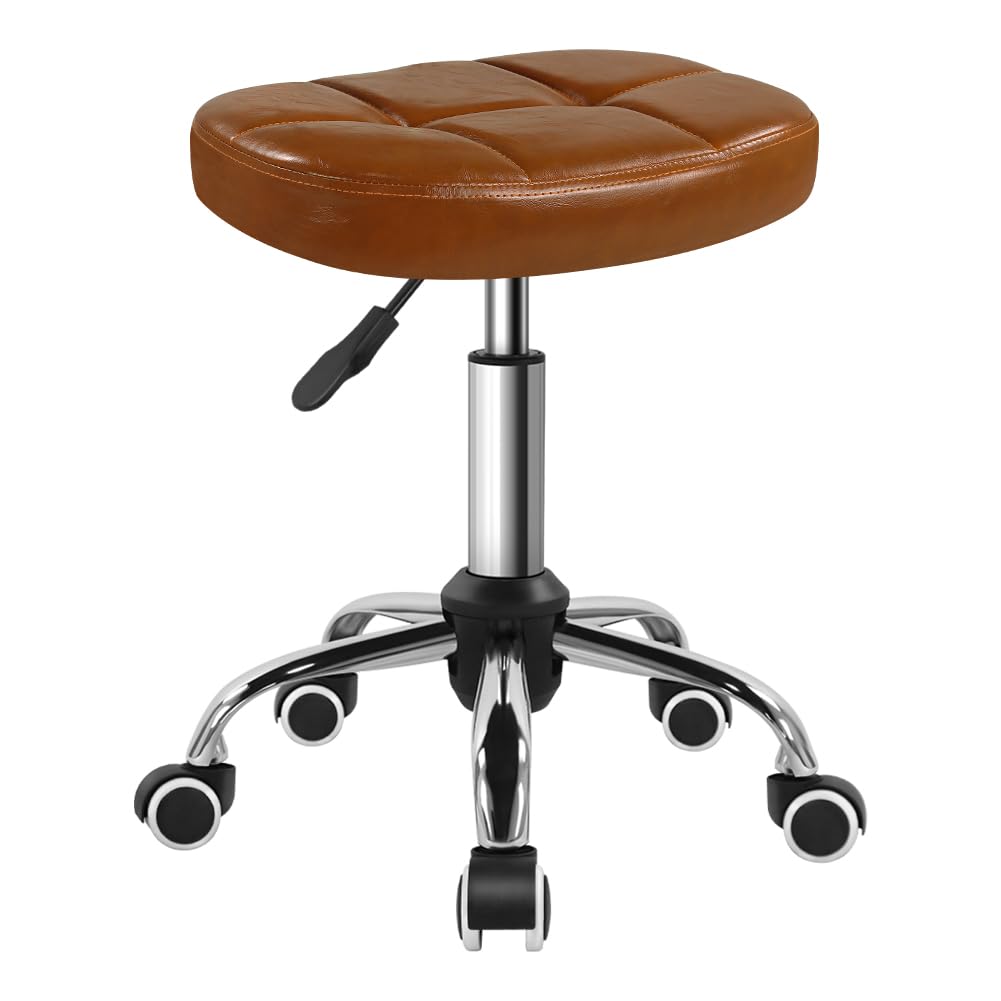 6-Square Lattice PU Swivel Stool with Wheel for Work SPA Shop Massage Height-Adjustable and Cost-Effective Rolling Stool Chair (Brown)