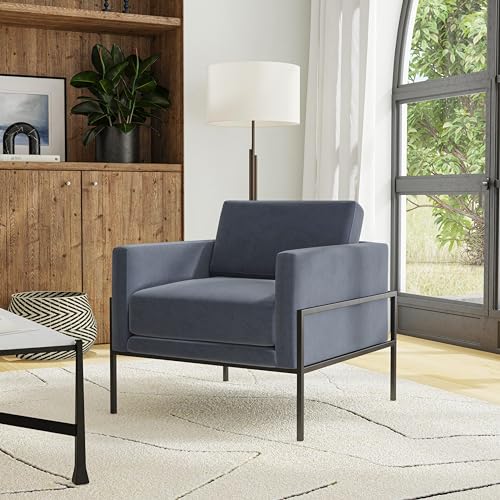 Modern Metal Frame Accent Chair| Home Décor|Accent Chairs for Living Room & Bedroom - Steel Blue Velvet