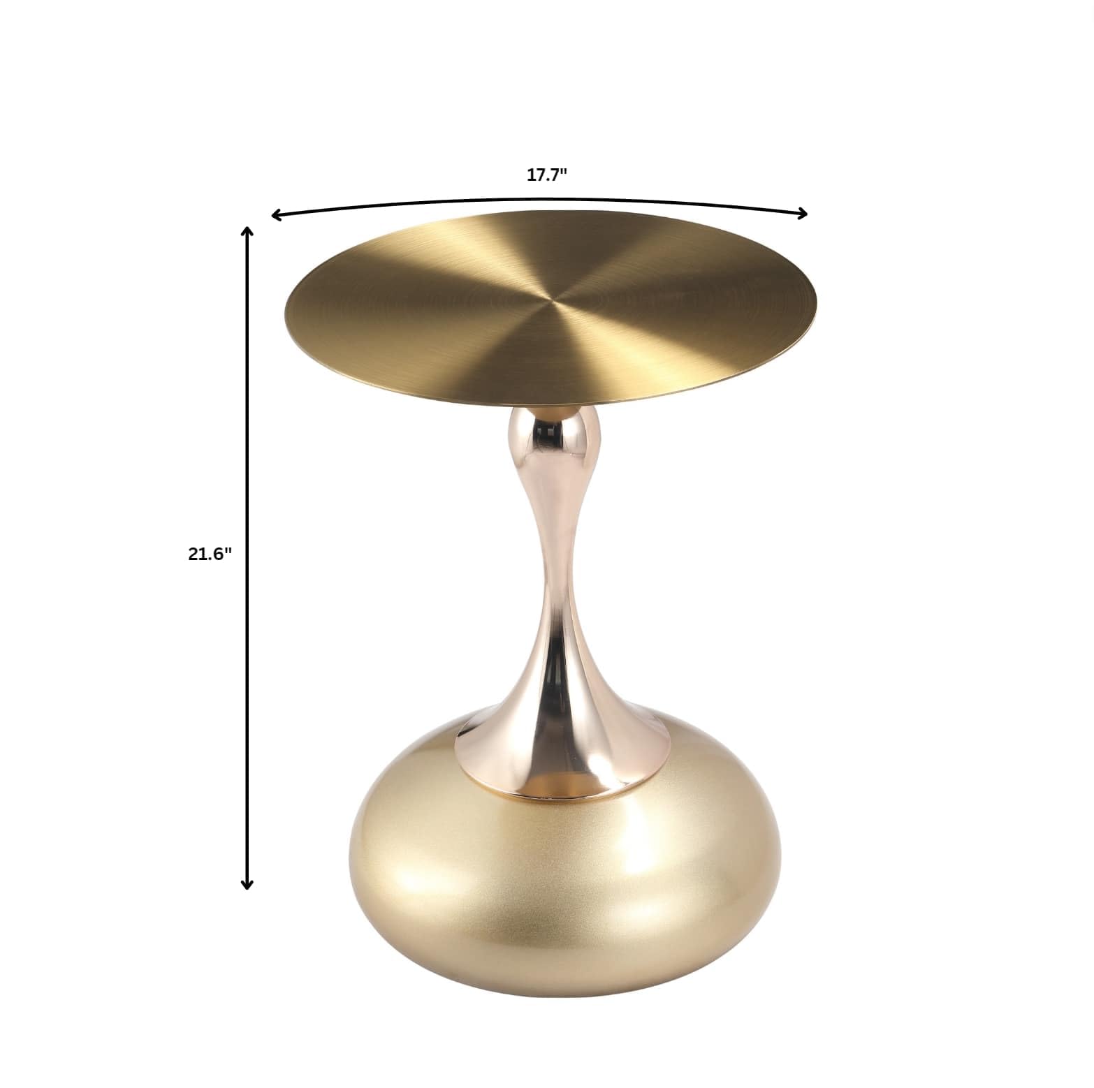 Modern Round Side Table with Gold Stainless Steel Top, Gold Pedestal Stem & Glossy Base, Accent End Table for Living Room, Bedroom, or Small Spaces, 17.7" × 21.6", Matte Gold