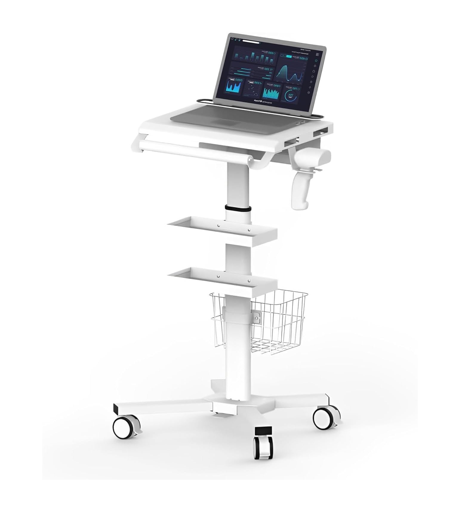 MB-C07 Height Adjustable, Anti-Theft, Anti-Slip Medical Laptop Workstation Trolley Cart With Wheels, Oral Scanner Holder, Basket Storage,
