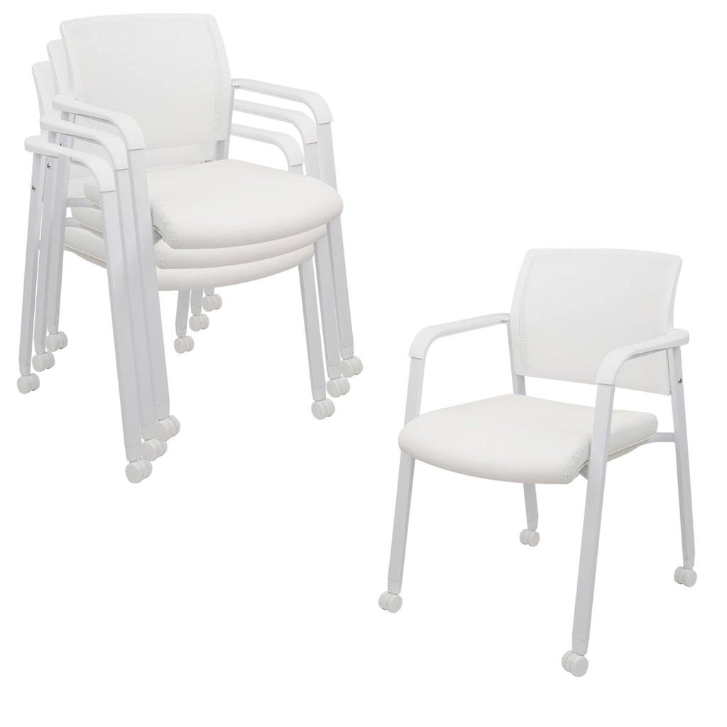Set of 4, White, Stacking Office Chairs with Wheels | Mesh Back, Thicken Leather Seat and Streamline Armrests, Ergonomic Lumber Support | School, Desk, Guest Reception, Waiting, Conference |