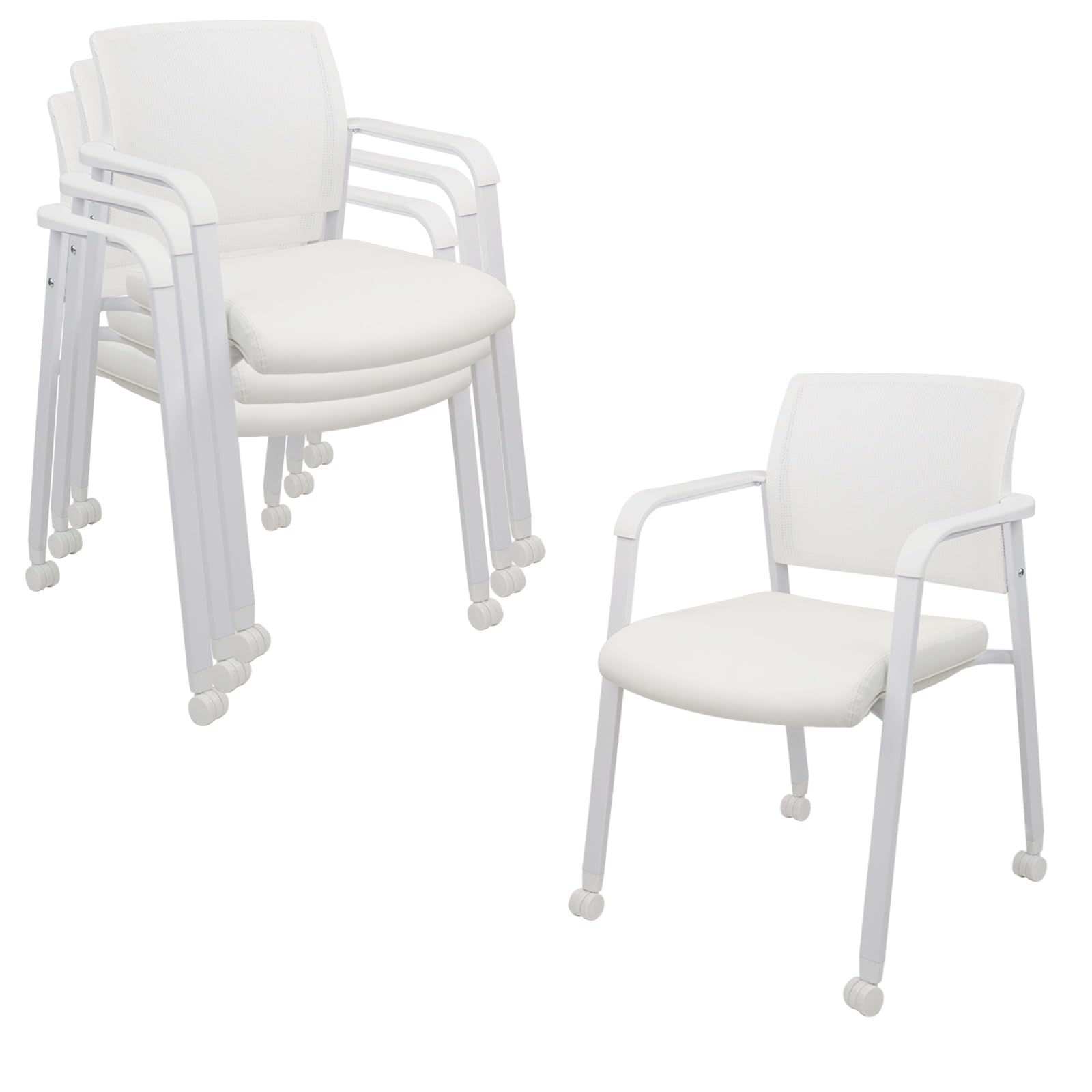 Set of 4, White, Stacking Office Chairs with Wheels | Mesh Back, Thicken Leather Seat and Streamline Armrests, Ergonomic Lumber Support | School, Desk, Guest Reception, Waiting, Conference |