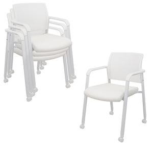 Set of 4, White, Stacking Office Chairs with Wheels | Mesh Back, Thicken Leather Seat and Streamline Armrests, Ergonomic Lumber Support | School, Desk, Guest Reception, Waiting, Conference |