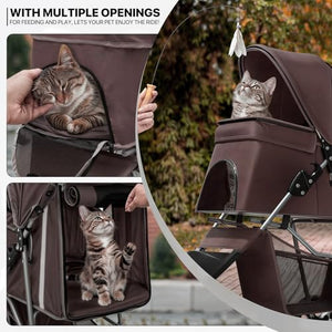 Foldable Dog Strollers for Small Dogs with Weather Cover, 3 Wheels Pet Strolling Cart for Dogs and Cats with Storage Basket and Cup Holder, Breathable and Visible Mesh for All-Season, Coffee