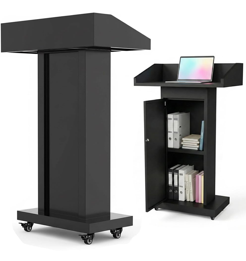 Podium Stand with 4 Locking Wheels, Heavy-Duty Metal Lectern with Large Lockable Storage Cabinet, Flat Desktop for Church, School, Office, and Conference, 43.7" H, Black