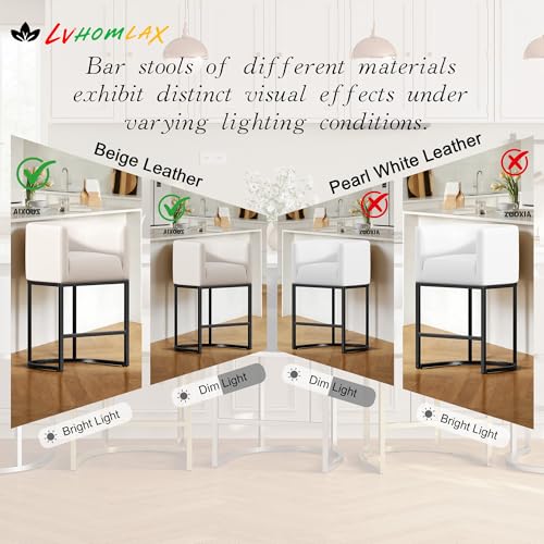 Modern Counter Height Bar Stools,Bar Stools Set of 2,PU Leather Upholstered Barrel Barstools with Backs,24'' Kitchen Island Chairs,Metal Black Frames,Beige White Leather