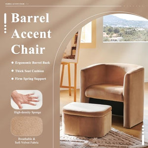 Morden Velvet Barrel Accent Chair with Storage Ottoman Set of 2, Upholstered Living Room Side Chair, Single Sofa Armchair with Lounge Seat for Bedroom/Office/Reading Spaces, Khaki