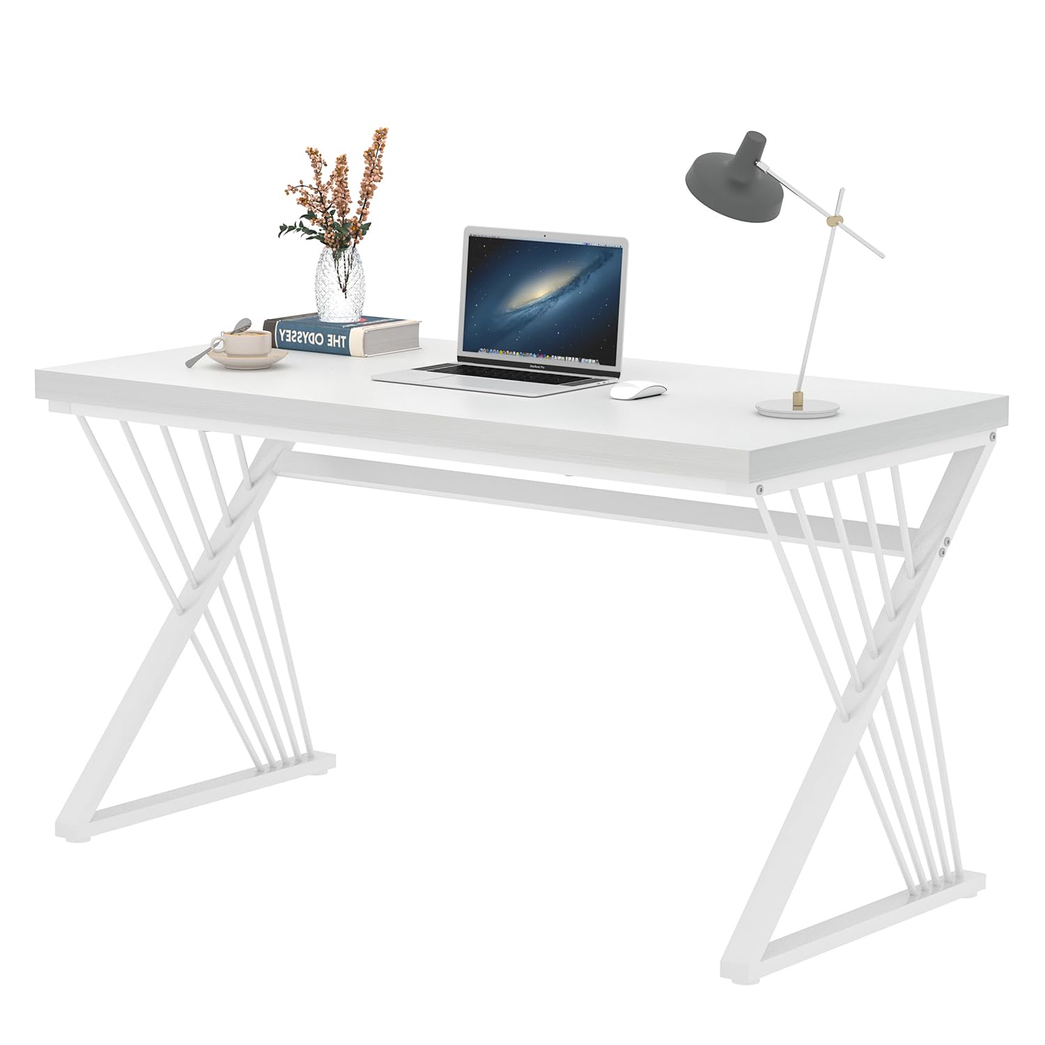 White Desk, Modern Wood and Metal Computer Desk for Home Office, Simple Writing Work PC Desks for Bedroom, Industrial Study Gaming Table for Living Room, White, 47 Inch