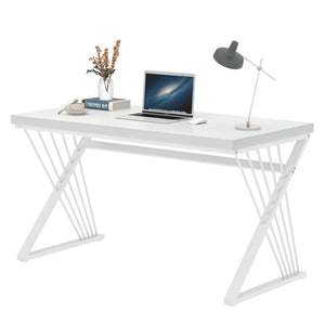 White Desk, Modern Wood and Metal Computer Desk for Home Office, Simple Writing Work PC Desks for Bedroom, Industrial Study Gaming Table for Living Room, White, 47 Inch