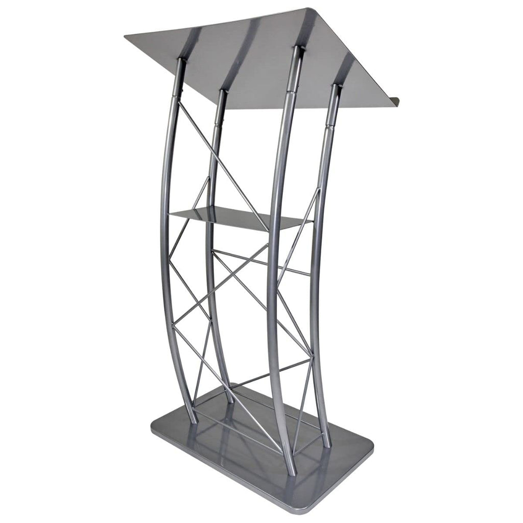 Large Curved Lectern with Shelf, Stand Up Church Pulpit, Slanted Lectern, Conference Podium for Speakers, Speeches, and Other Occasions- Truss Lectern, Silver Powder Coat Finish, Metal