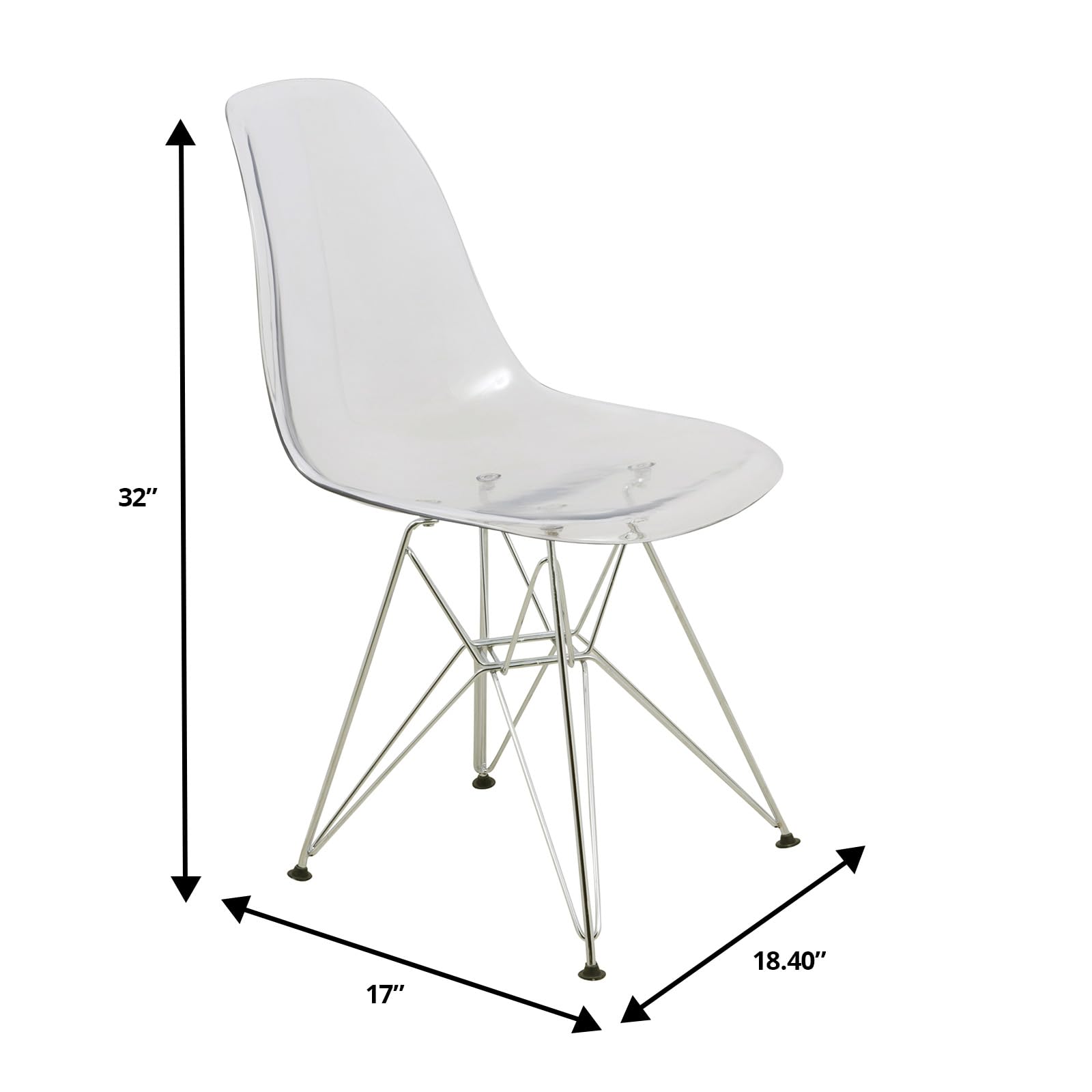 Dining, Modern Chrome Eiffel Base and Curved Back Design, Ergonomic and Lightweight Accent Side Chair for Mid-Century Home, Kitchen, and Café, Set of 4, Unspecified, Clear