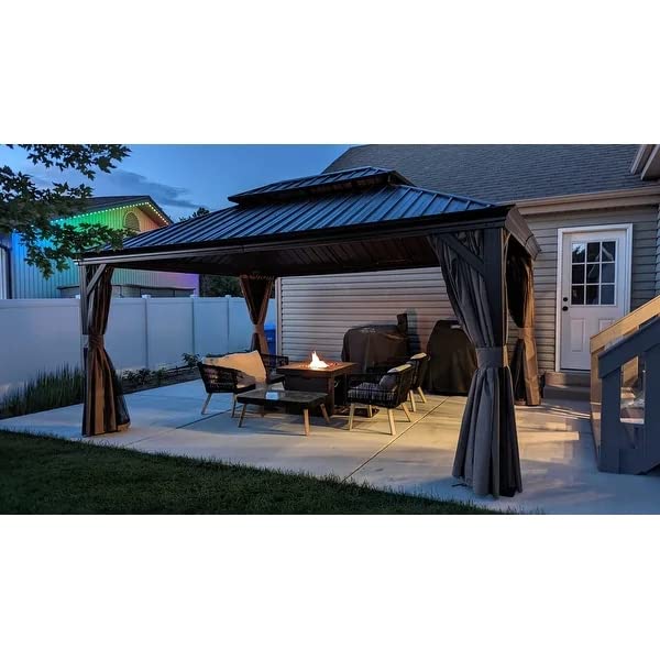 12‘ X 16’ Hardtop Aluminum Permanent Gazebo with a Mosquito Net and Privacy Sidewalls, Permanent Gazebo Pavilion for Patio, Backyard (Brown)