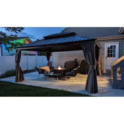 12‘ X 16’ Hardtop Aluminum Permanent Gazebo with a Mosquito Net and Privacy Sidewalls, Permanent Gazebo Pavilion for Patio, Backyard (Brown)