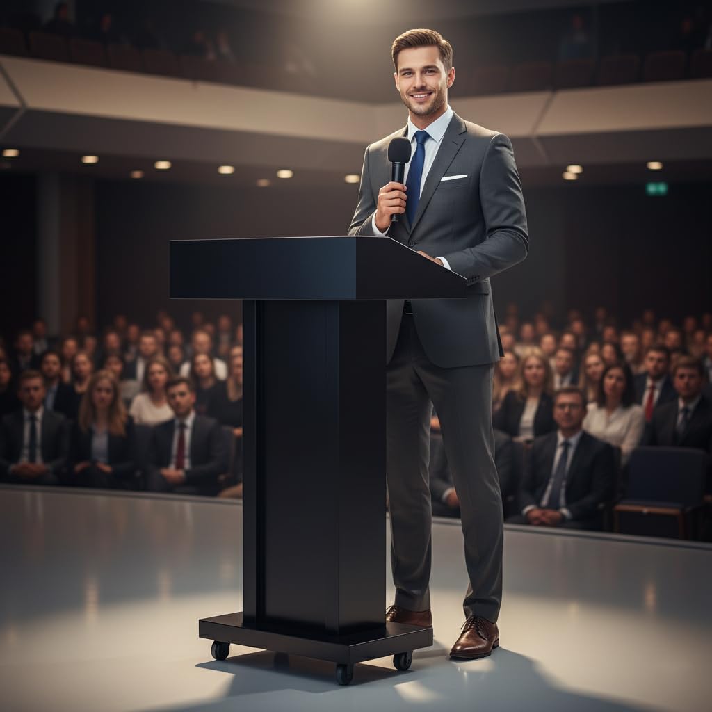 Podium Stand with 4 Lockable Wheels, Heavy-Duty Metal Lecterns & Podiums with Hidden Storage, 46.5”H Portable Pulpit for Church, School, Office and Conference, Black