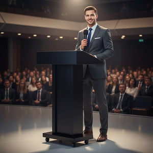Podium Stand with 4 Lockable Wheels, Heavy-Duty Metal Lecterns & Podiums with Hidden Storage, 46.5”H Portable Pulpit for Church, School, Office and Conference, Black