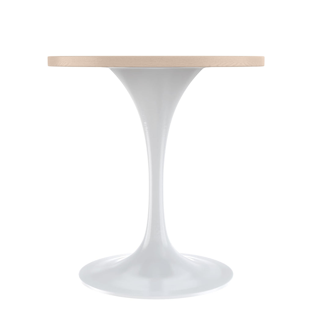 Mid-Century Modern 27 Inch Round Dining Table, MDF Wood Tabletop with White Steel Pedestal Base, Contemporary Kitchen & Dining Room, Small Space Breakfast Table, Light Natural Wood