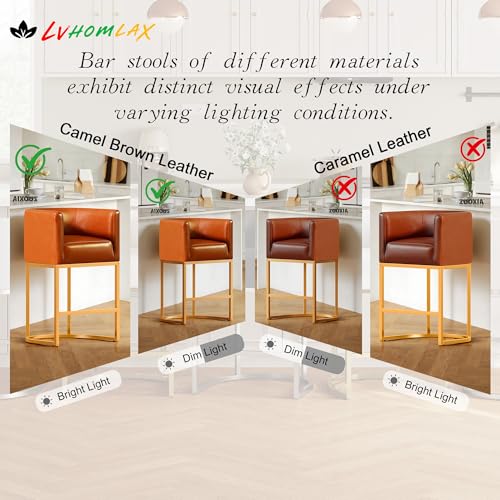 Modern Counter Height Bar Stools,Bar Stools Set of 2,PU Leather Upholstered Barrel Barstools with Backs,26'' Kitchen Island Chairs,Metal Gold Frames,Camel Brown Leather