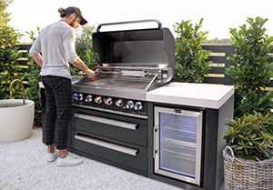 44-inch 6-Burner 115000 BTU Black Stainless Steel Gas Outdoor Kitchen Bar Island Grill w/Wine Cooler Beverage Center Refrigerator + Infrared Side Burner + Granite Countertop