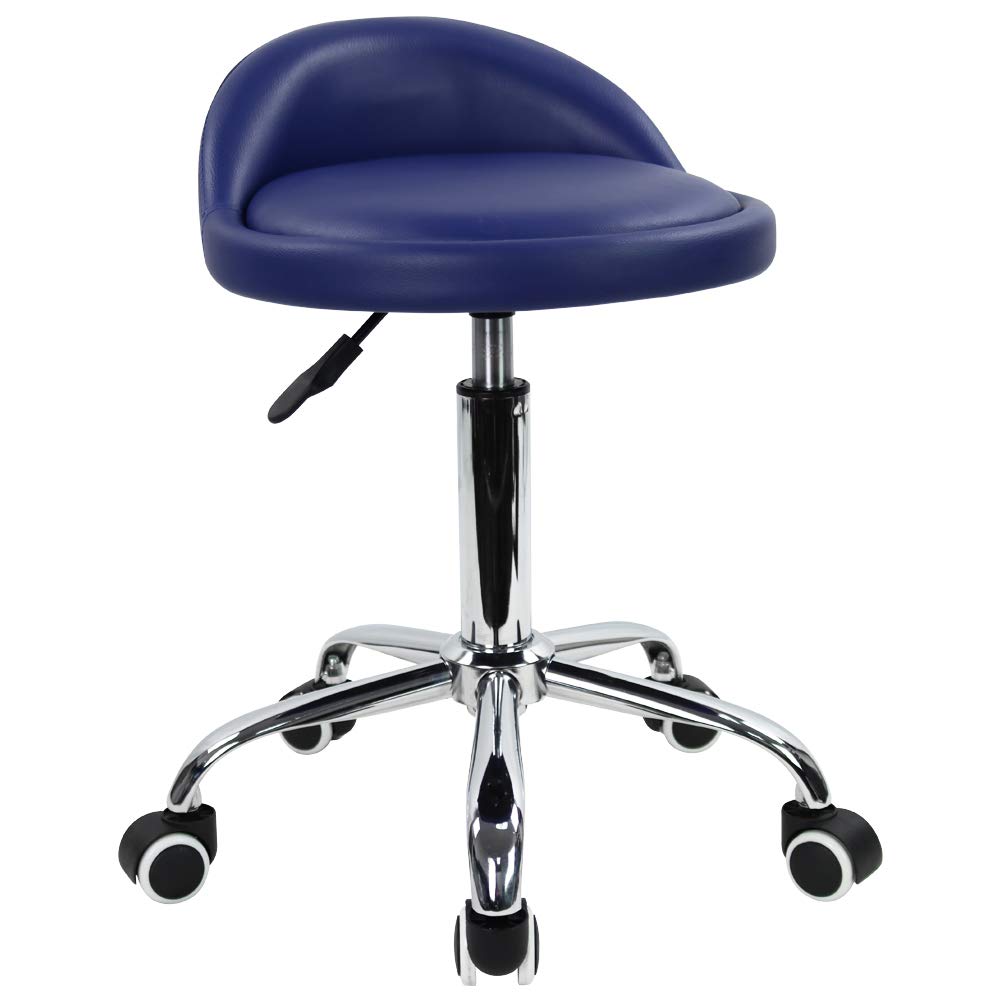 PU Leather Round Rolling Stool with Back Rest Height Adjustable Swivel Drafting Work SPA Task Chair with Wheels (Blue)