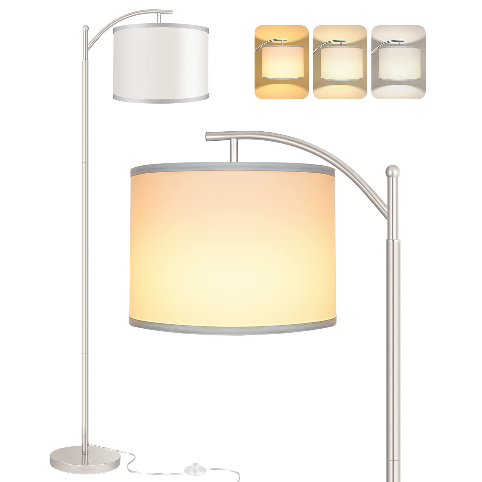 Floor Lamp for Living Room, LED Standing Lamp with 2 Lamp Shades for Bedroom, 9W LED Bulb Included - Silver