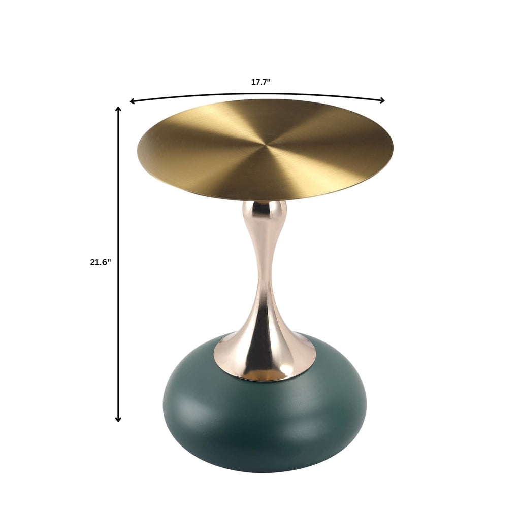 Modern Round Side Table with Gold Stainless Steel Top, Gold Pedestal Stem & Glossy Base, Accent End Table for Living Room, Bedroom, or Small Spaces, 17.7" × 21.6", Green