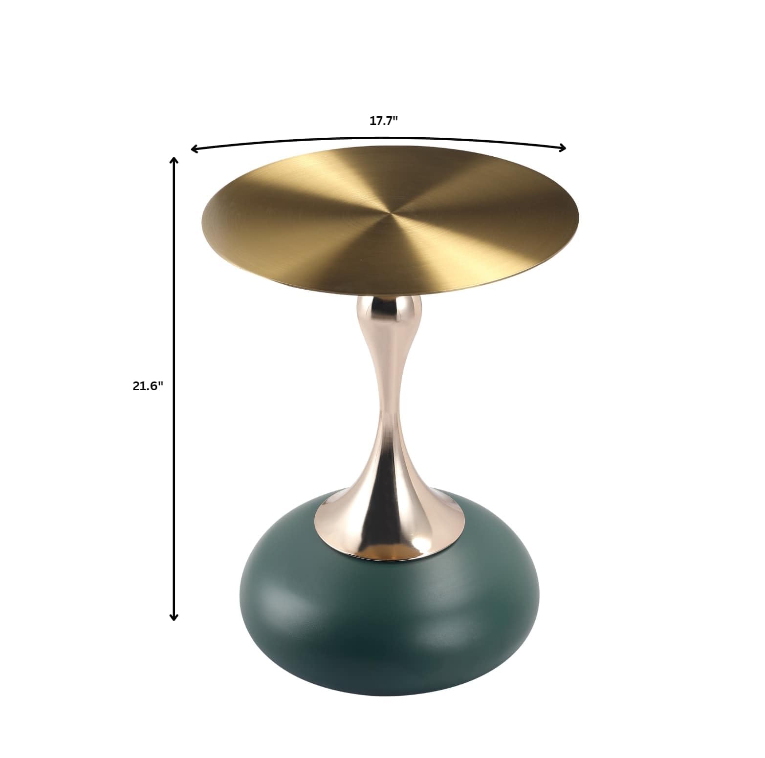 Modern Round Side Table with Gold Stainless Steel Top, Gold Pedestal Stem & Glossy Base, Accent End Table for Living Room, Bedroom, or Small Spaces, 17.7" × 21.6", Green