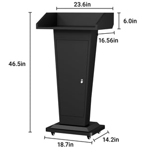 Metal Podium Stand with 4 Locking Wheels, Mobile Metal Lectern with Storage Cabinets, Laptop Desk, 46.5”H Modern Pulpit for Church, School, Office and Conference, Black