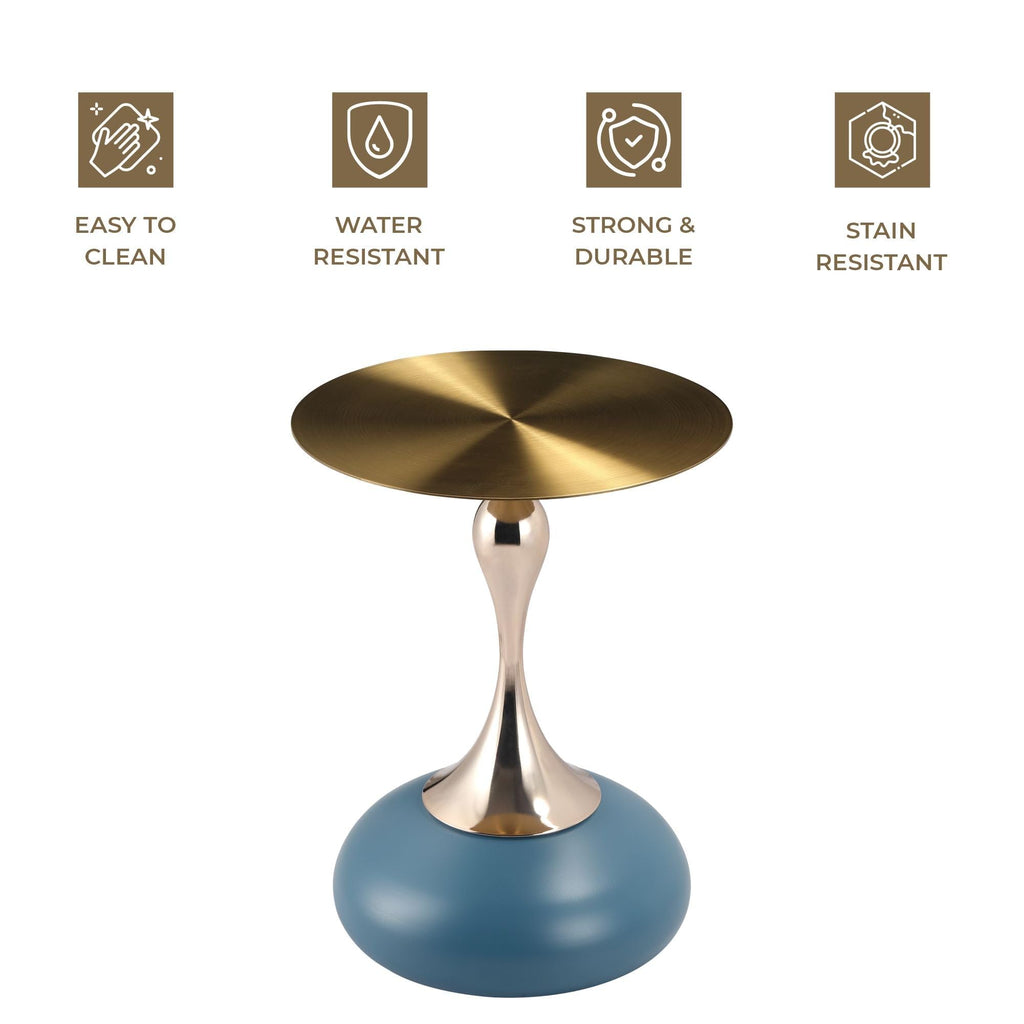 Modern Round Side Table with Gold Stainless Steel Top, Gold Pedestal Stem & Glossy Base, Accent End Table for Living Room, Bedroom, or Small Spaces, 17.7" × 21.6", Blue
