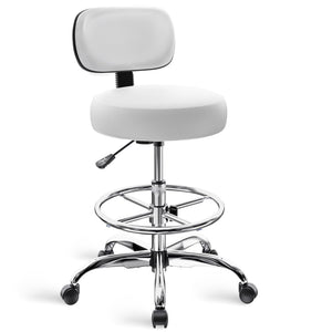 Drafting Chair with Back, Adjustable Foot Rest Rolling Stool, Multi-Purpose Office Desk Chair, Thick Seat Cushion for Home Bar Kitchen Shop - White