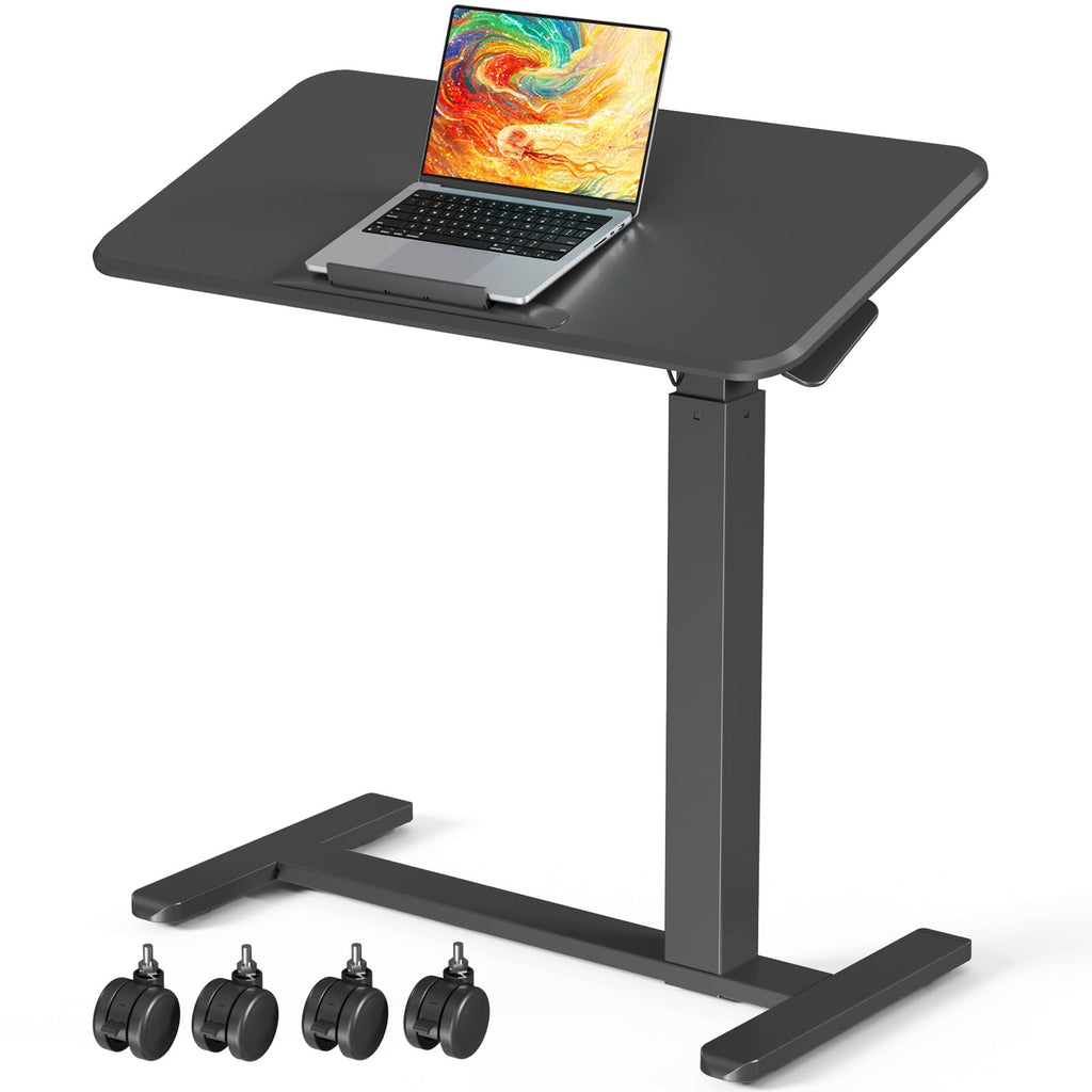 Mobile Standing Desk, Height Adjustable Left/Right Overbed Bedside Table, 90° Tiltable Portable Laptop Desk with Wheels, Foldable Computer Cart for Hospital Home Use, Black