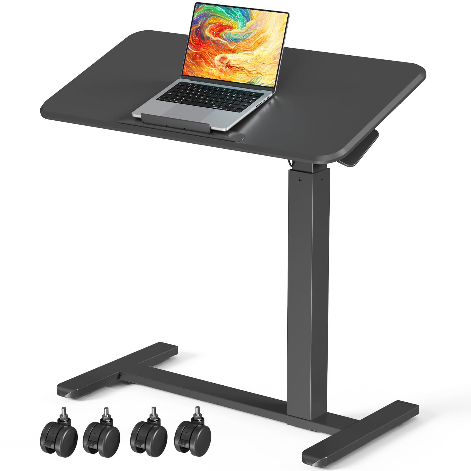 Mobile Standing Desk, Height Adjustable Left/Right Overbed Bedside Table, 90° Tiltable Portable Laptop Desk with Wheels, Foldable Computer Cart for Hospital Home Use, Black